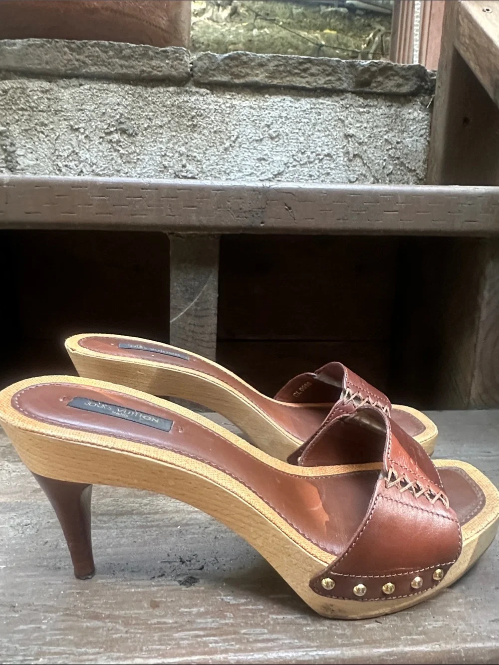 Louis Vuitton Brown Leather and Wooden High Heel Sandals
